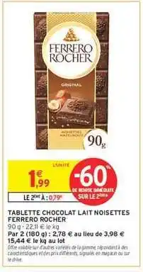 Tablette chocolat lait noisettes ferrero rocher 