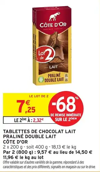 Tablettes de chocolat lait praliné double lait côte d'or 